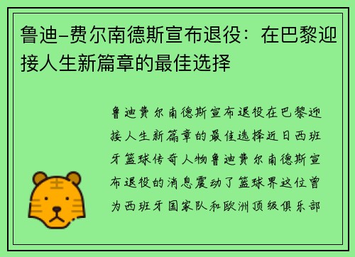 鲁迪-费尔南德斯宣布退役：在巴黎迎接人生新篇章的最佳选择
