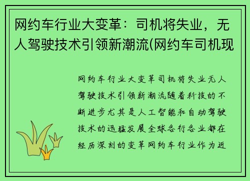 网约车行业大变革：司机将失业，无人驾驶技术引领新潮流(网约车司机现状)