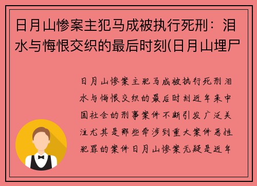 日月山惨案主犯马成被执行死刑：泪水与悔恨交织的最后时刻(日月山埋尸案涉案人员)