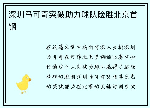 深圳马可奇突破助力球队险胜北京首钢