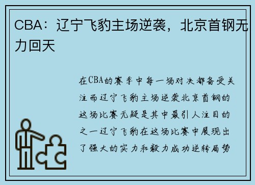 CBA：辽宁飞豹主场逆袭，北京首钢无力回天